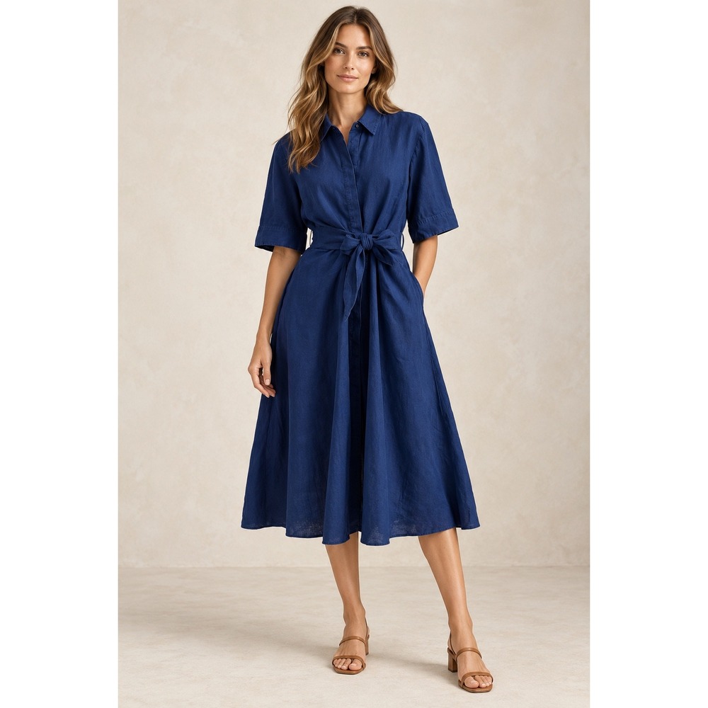 Lauren Ralph Lauren Shirt Dress Women 16 Blue Excellent Linen Tie Waist Midi